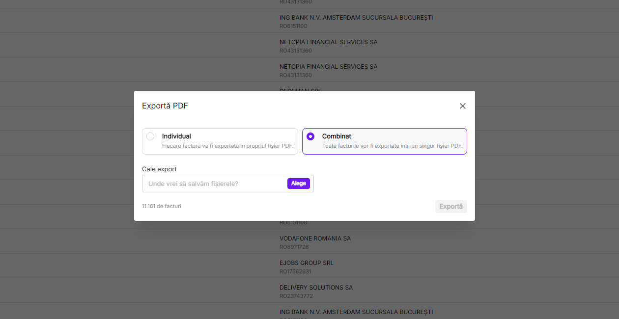 Exportul mai multor facturi într-un singur PDF