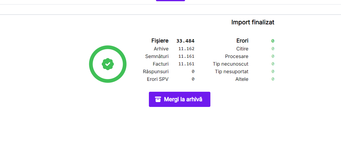 Rezumatul unui import finalizat fără erori
